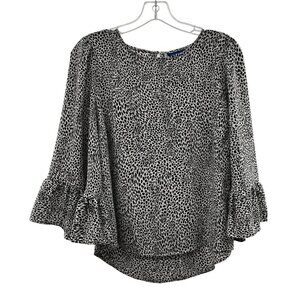 Apt. 9 Top Women's Size Small White/Black Animal Print 3/4 Ruffle Sleeve